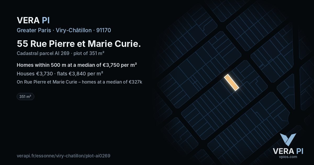 55 Rue Pierre et Marie Curie, Viry-Châtillon at night – the plot lit, the parcels around coloured by the prices near them