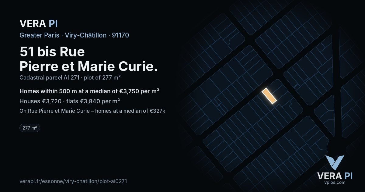51 bis Rue Pierre et Marie Curie, Viry-Châtillon at night – the plot lit, the parcels around coloured by the prices near them