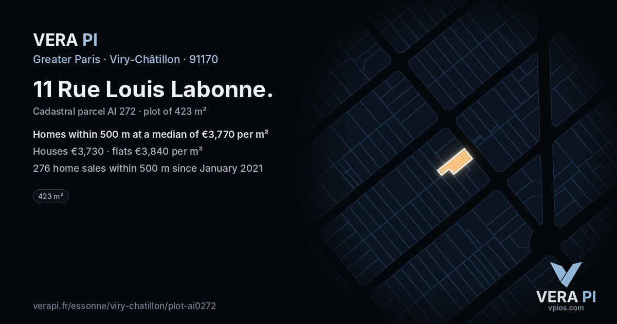 11 Rue Louis Labonne, Viry-Châtillon at night – the plot lit, the parcels around coloured by the prices near them