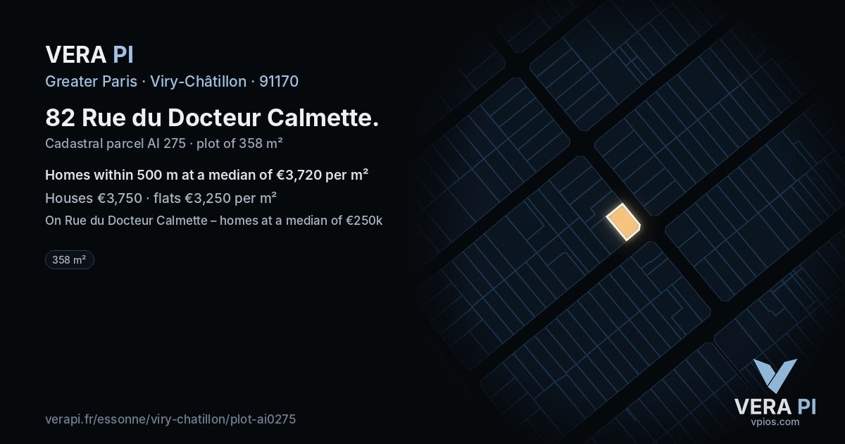 82 Rue du Docteur Calmette, Viry-Châtillon at night – the plot lit, the parcels around coloured by the prices near them