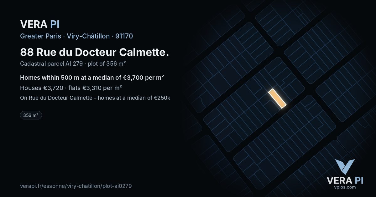 88 Rue du Docteur Calmette, Viry-Châtillon at night – the plot lit, the parcels around coloured by the prices near them