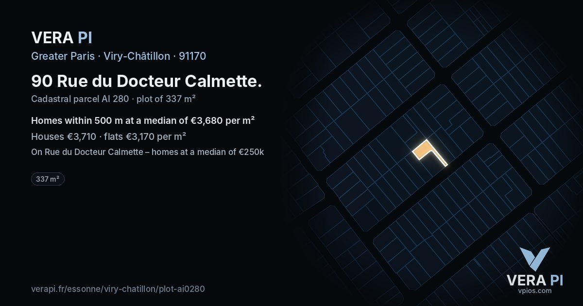 90 Rue du Docteur Calmette, Viry-Châtillon at night – the plot lit, the parcels around coloured by the prices near them
