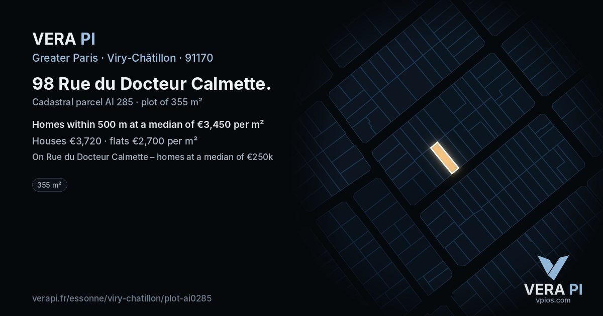 98 Rue du Docteur Calmette, Viry-Châtillon at night – the plot lit, the parcels around coloured by the prices near them