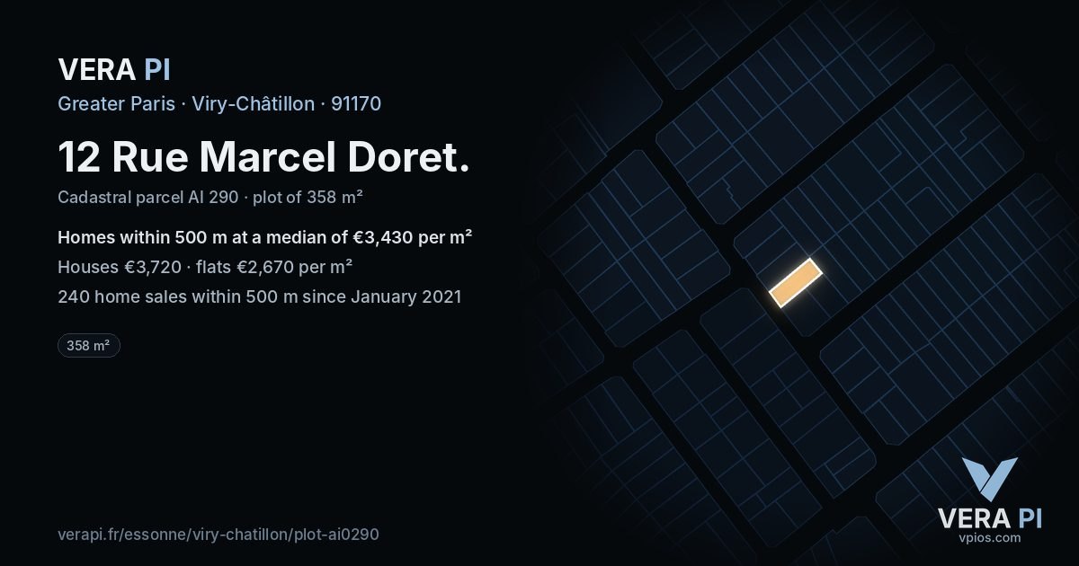 12 Rue Marcel Doret, Viry-Châtillon at night – the plot lit, the parcels around coloured by the prices near them