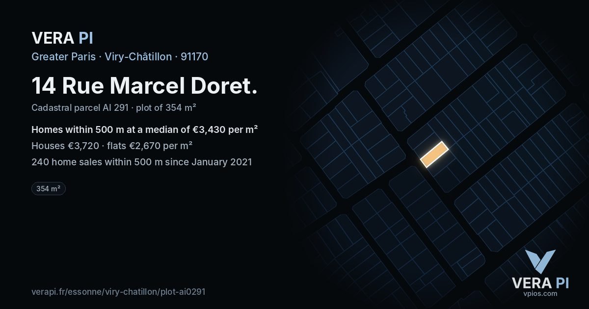 14 Rue Marcel Doret, Viry-Châtillon at night – the plot lit, the parcels around coloured by the prices near them