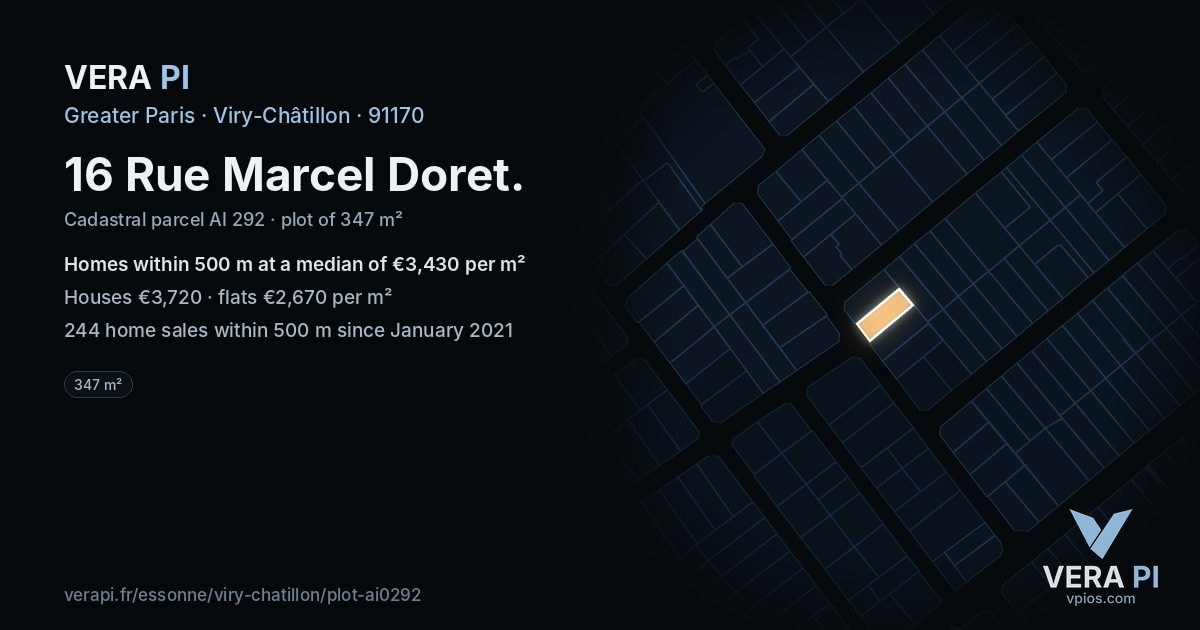 16 Rue Marcel Doret, Viry-Châtillon at night – the plot lit, the parcels around coloured by the prices near them