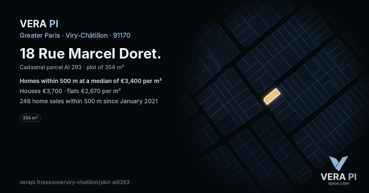 18 Rue Marcel Doret, Viry-Châtillon at night – the plot lit, the parcels around coloured by the prices near them