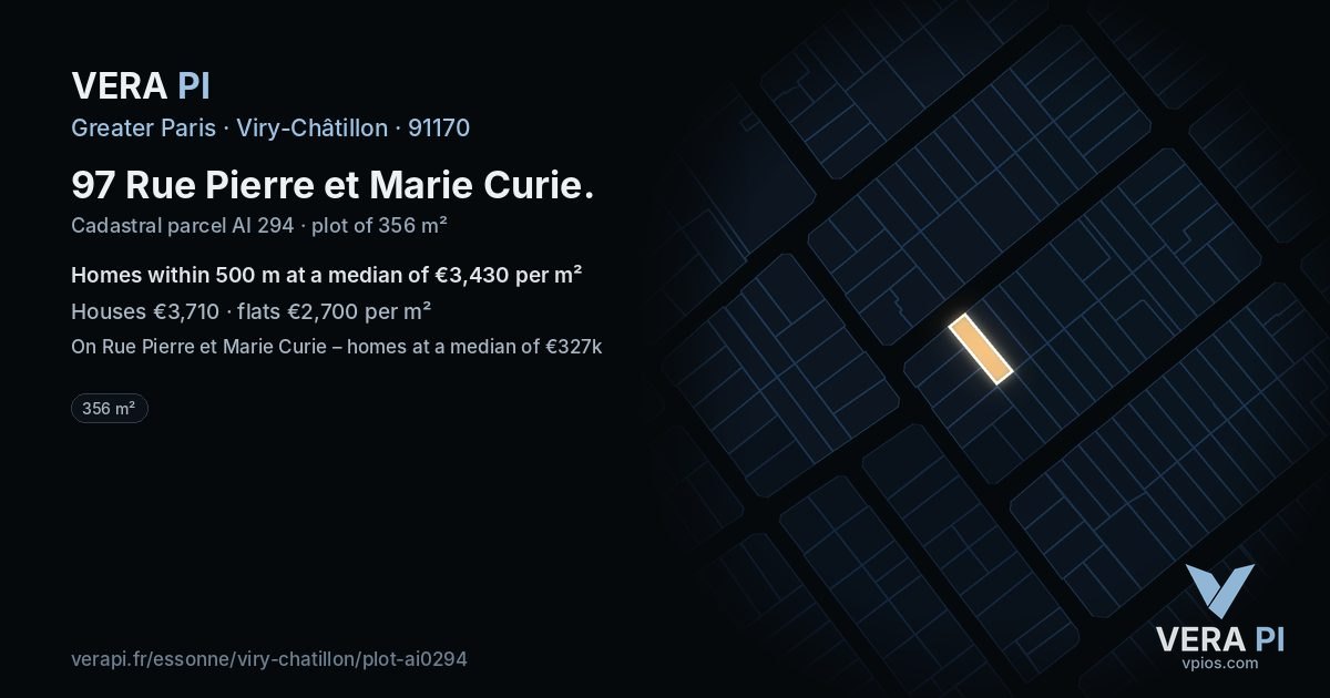97 Rue Pierre et Marie Curie, Viry-Châtillon at night – the plot lit, the parcels around coloured by the prices near them