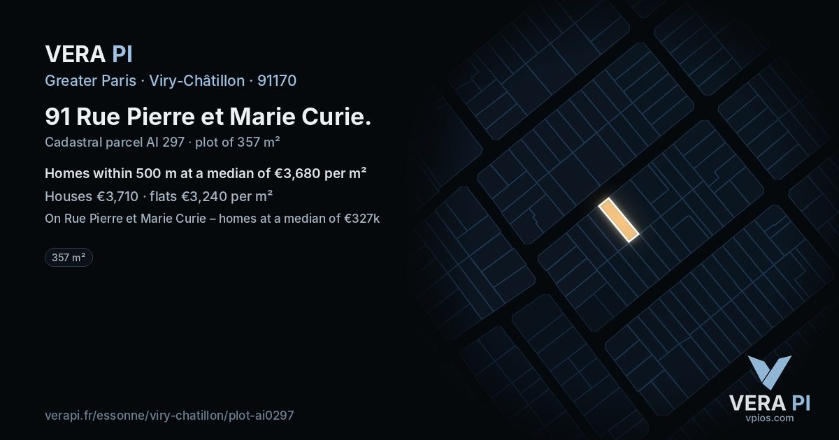 91 Rue Pierre et Marie Curie, Viry-Châtillon at night – the plot lit, the parcels around coloured by the prices near them