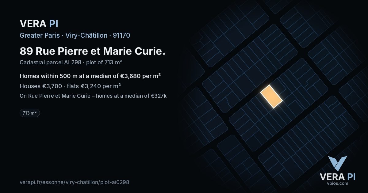 89 Rue Pierre et Marie Curie, Viry-Châtillon at night – the plot lit, the parcels around coloured by the prices near them