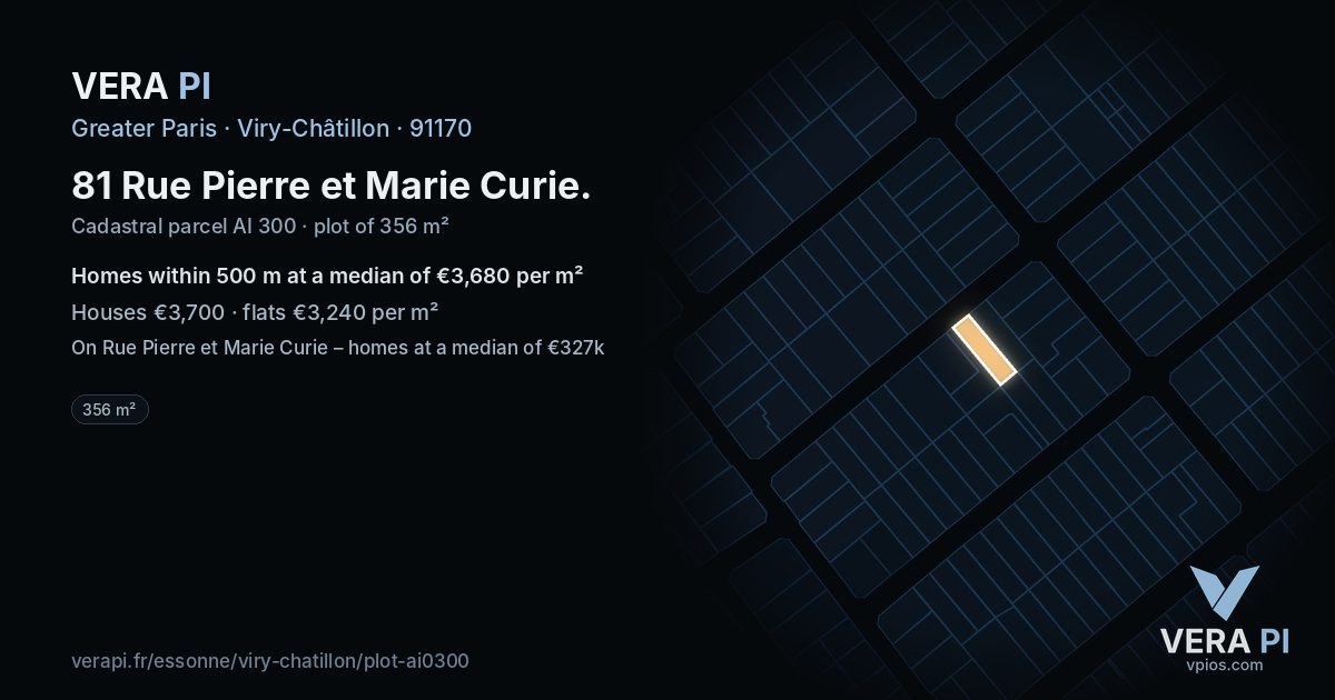 81 Rue Pierre et Marie Curie, Viry-Châtillon at night – the plot lit, the parcels around coloured by the prices near them