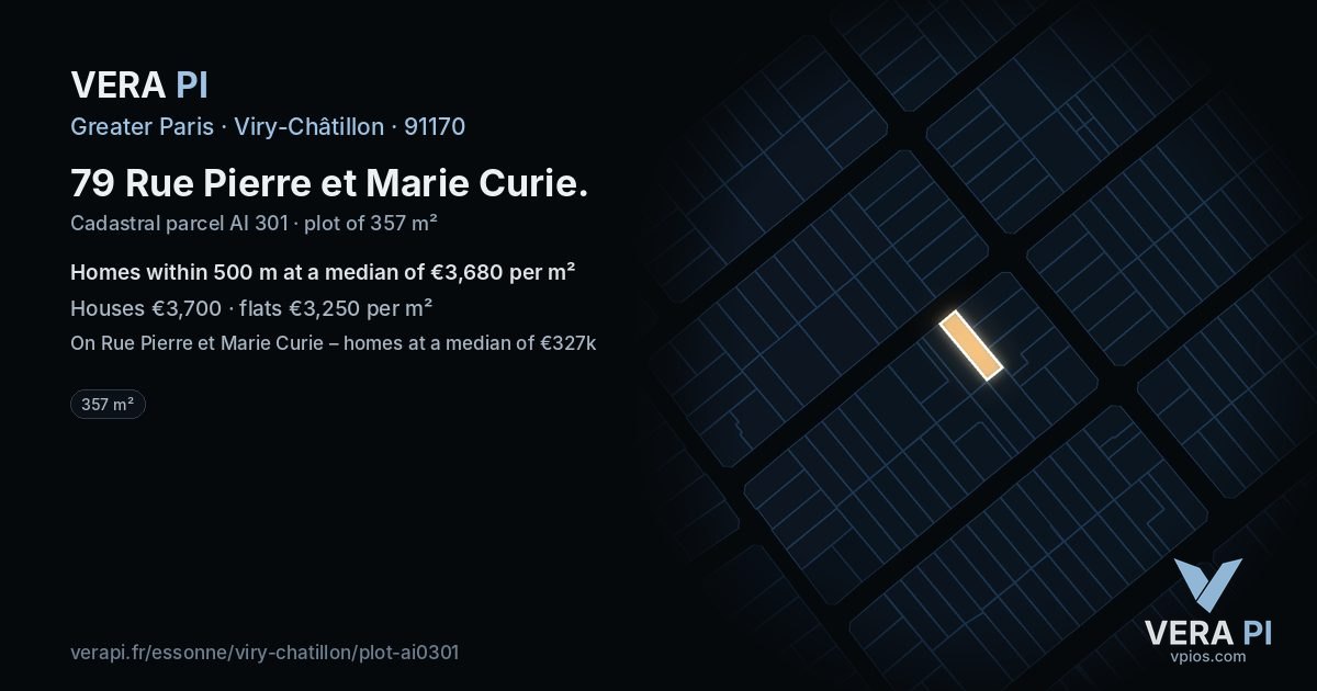 79 Rue Pierre et Marie Curie, Viry-Châtillon at night – the plot lit, the parcels around coloured by the prices near them