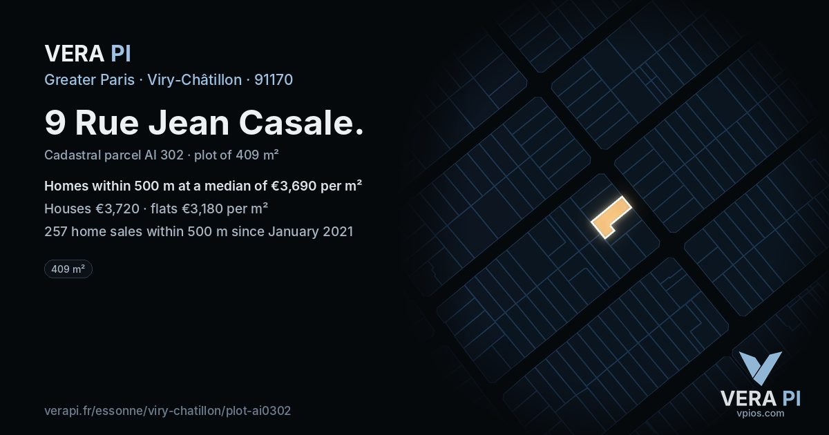 9 Rue Jean Casale, Viry-Châtillon at night – the plot lit, the parcels around coloured by the prices near them