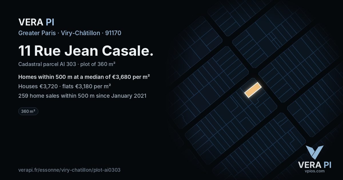 11 Rue Jean Casale, Viry-Châtillon at night – the plot lit, the parcels around coloured by the prices near them