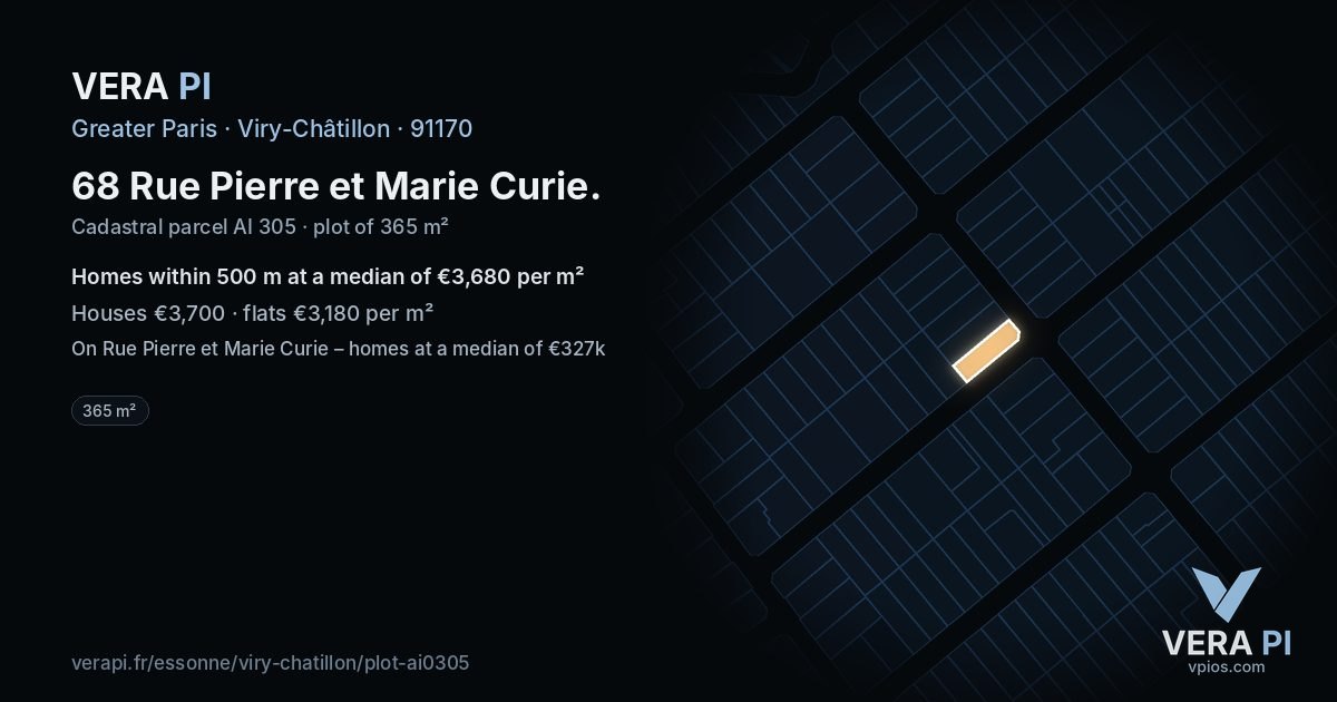 68 Rue Pierre et Marie Curie, Viry-Châtillon at night – the plot lit, the parcels around coloured by the prices near them