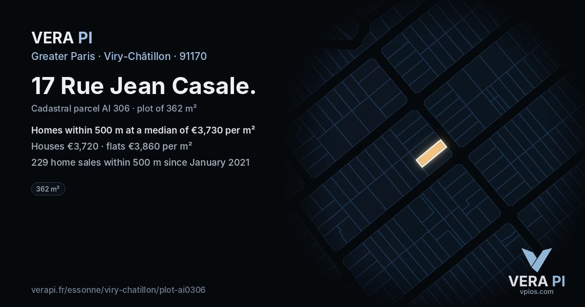 17 Rue Jean Casale, Viry-Châtillon at night – the plot lit, the parcels around coloured by the prices near them