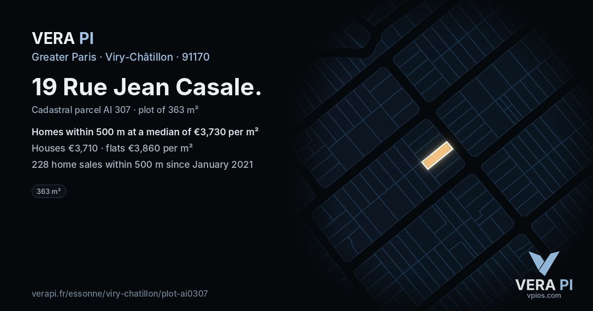 19 Rue Jean Casale, Viry-Châtillon at night – the plot lit, the parcels around coloured by the prices near them