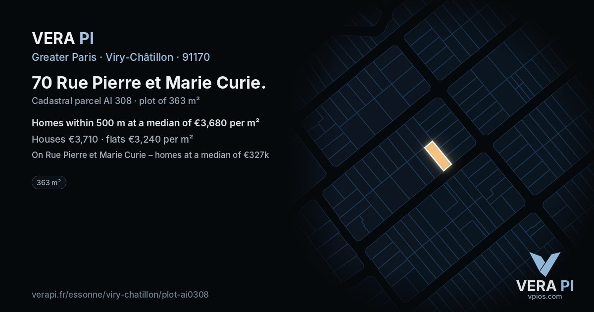 70 Rue Pierre et Marie Curie, Viry-Châtillon at night – the plot lit, the parcels around coloured by the prices near them
