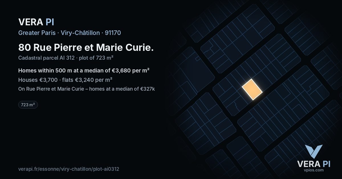 80 Rue Pierre et Marie Curie, Viry-Châtillon at night – the plot lit, the parcels around coloured by the prices near them