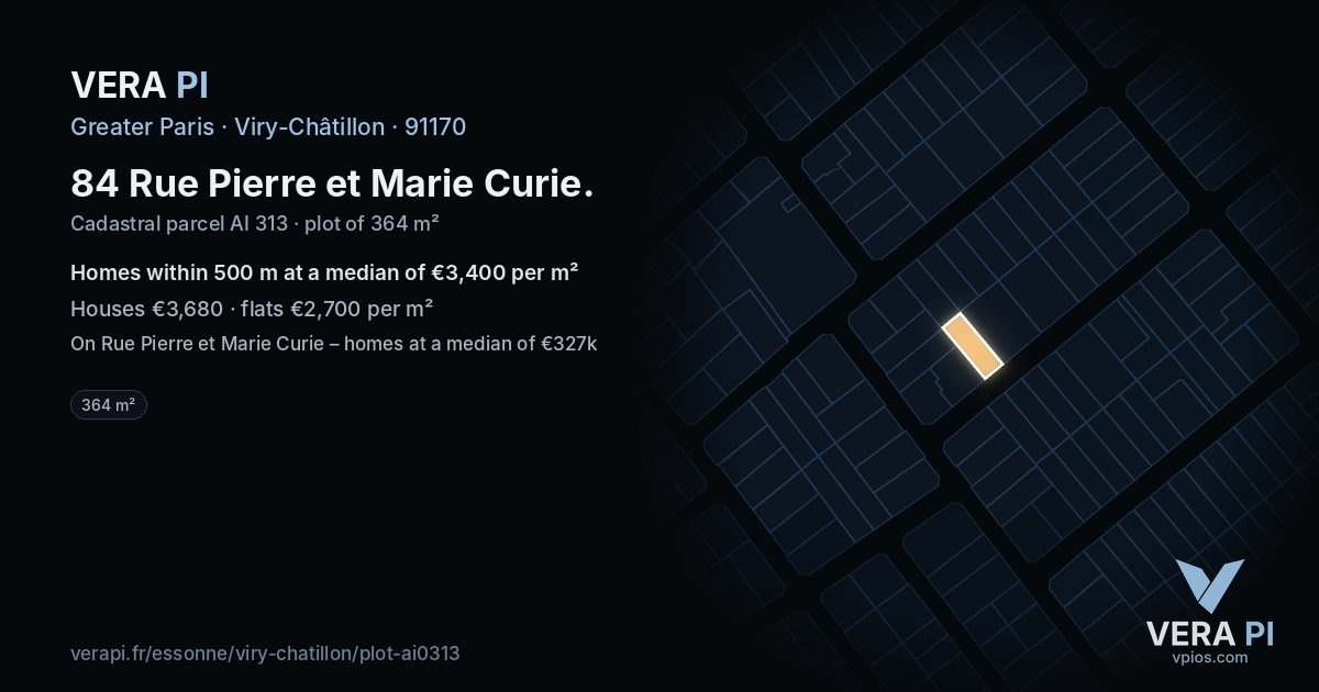 84 Rue Pierre et Marie Curie, Viry-Châtillon at night – the plot lit, the parcels around coloured by the prices near them