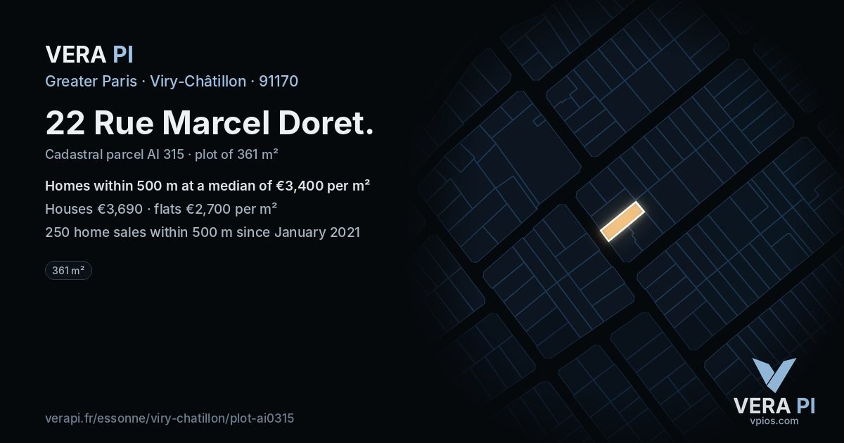22 Rue Marcel Doret, Viry-Châtillon at night – the plot lit, the parcels around coloured by the prices near them