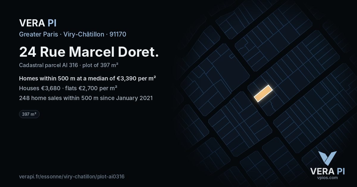 24 Rue Marcel Doret, Viry-Châtillon at night – the plot lit, the parcels around coloured by the prices near them