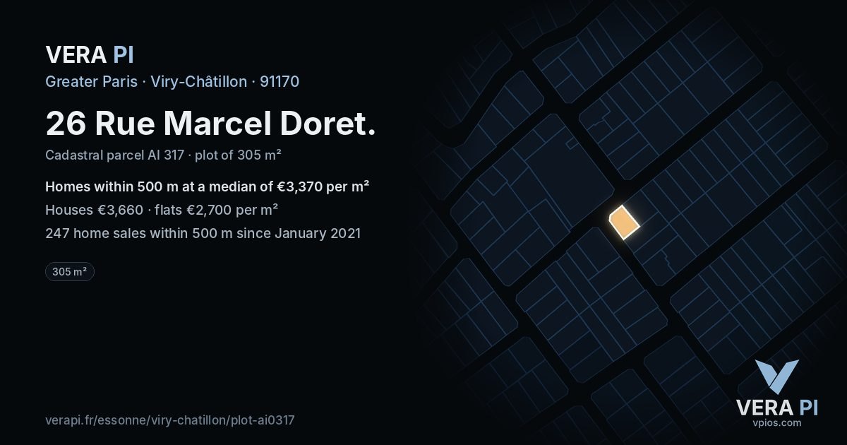 26 Rue Marcel Doret, Viry-Châtillon at night – the plot lit, the parcels around coloured by the prices near them