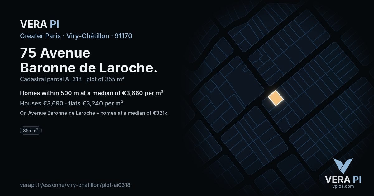75 Avenue Baronne de Laroche, Viry-Châtillon at night – the plot lit, the parcels around coloured by the prices near them