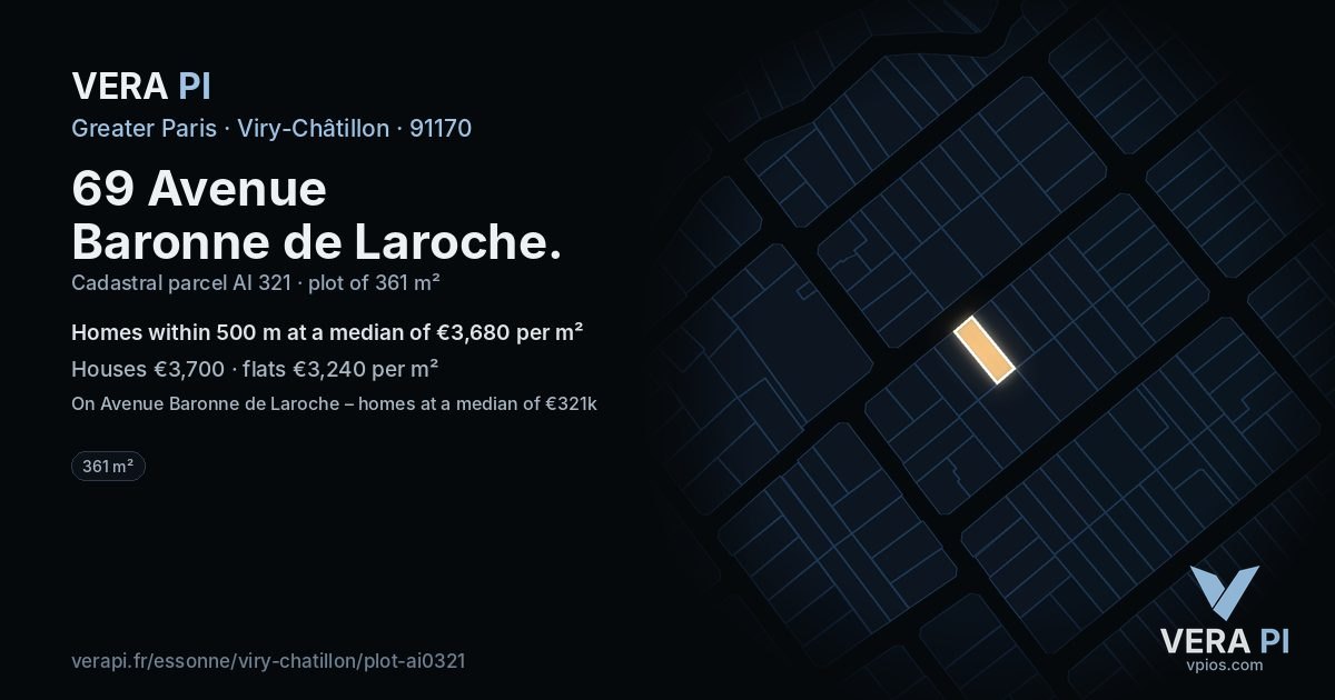 69 Avenue Baronne de Laroche, Viry-Châtillon at night – the plot lit, the parcels around coloured by the prices near them