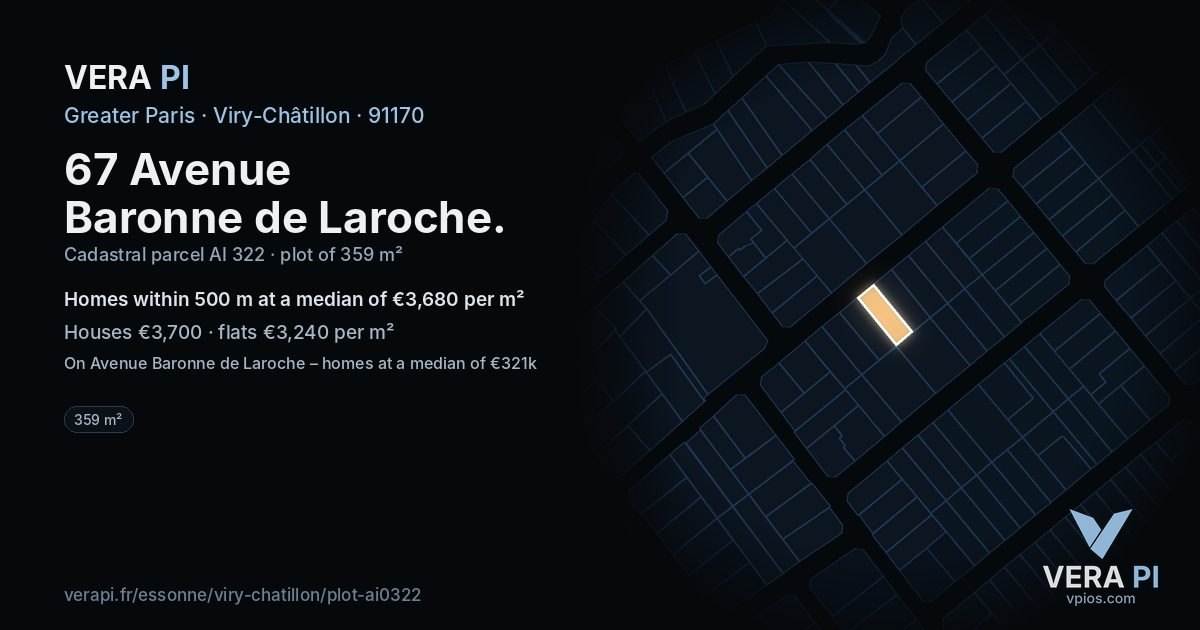 67 Avenue Baronne de Laroche, Viry-Châtillon at night – the plot lit, the parcels around coloured by the prices near them
