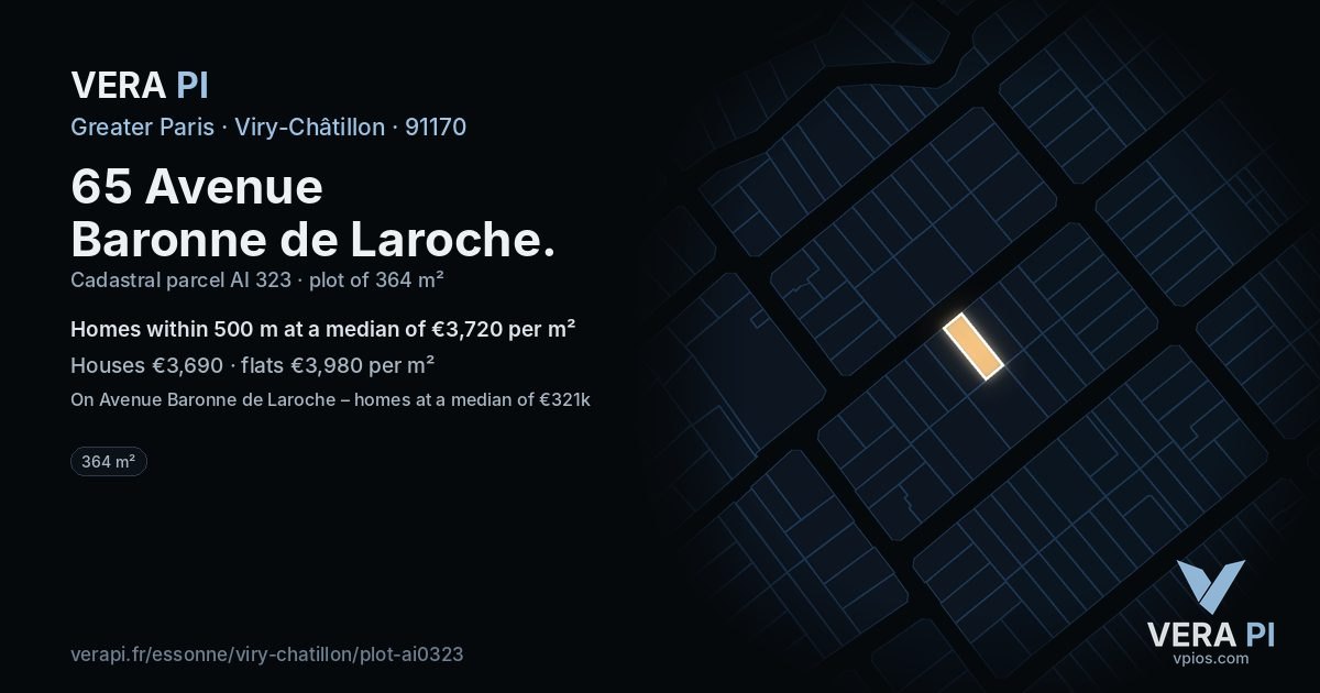 65 Avenue Baronne de Laroche, Viry-Châtillon at night – the plot lit, the parcels around coloured by the prices near them