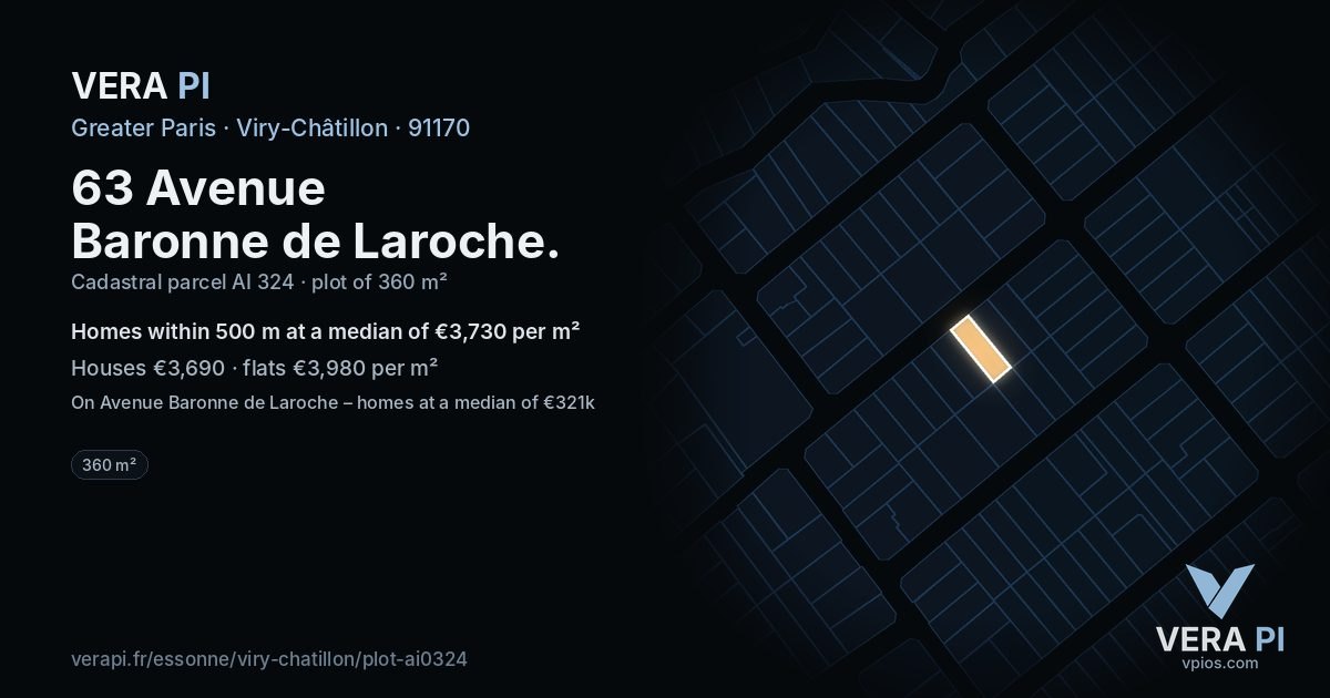 63 Avenue Baronne de Laroche, Viry-Châtillon at night – the plot lit, the parcels around coloured by the prices near them