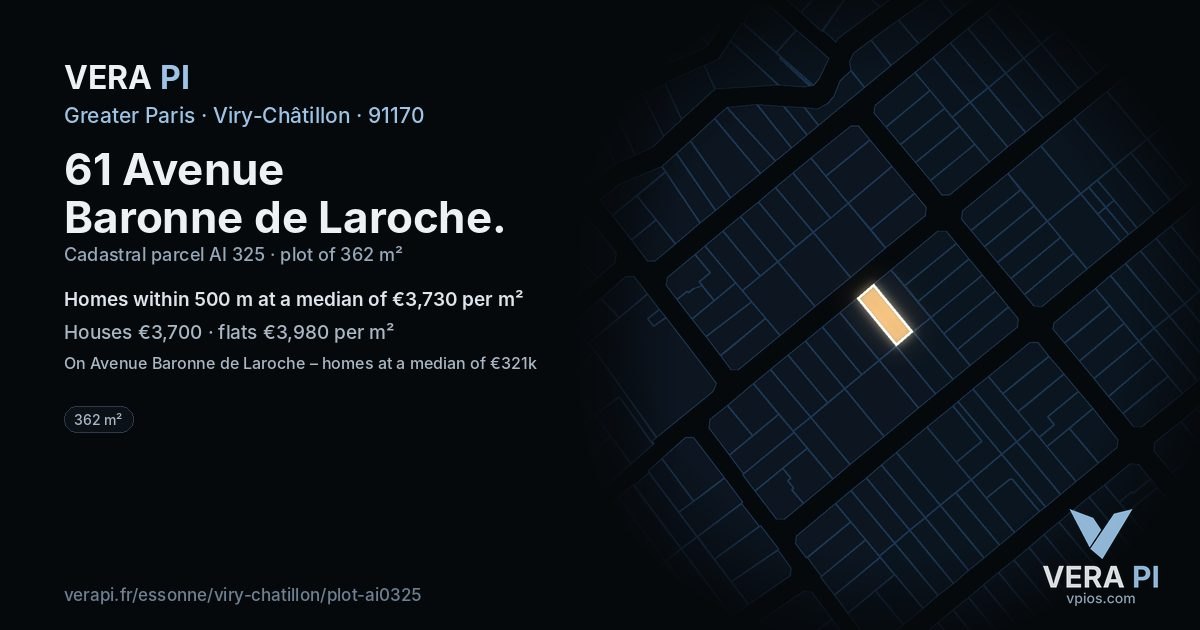 61 Avenue Baronne de Laroche, Viry-Châtillon at night – the plot lit, the parcels around coloured by the prices near them