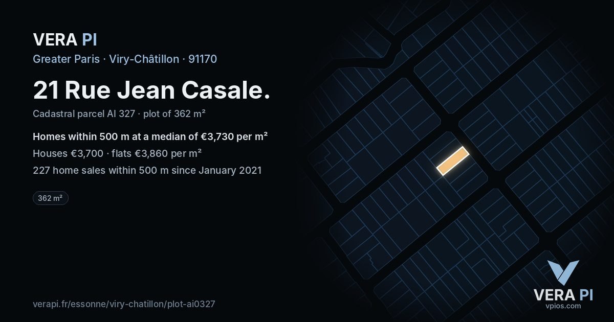 21 Rue Jean Casale, Viry-Châtillon at night – the plot lit, the parcels around coloured by the prices near them
