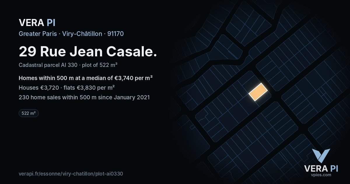 29 Rue Jean Casale, Viry-Châtillon at night – the plot lit, the parcels around coloured by the prices near them