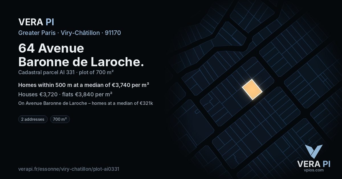 64 Avenue Baronne de Laroche, Viry-Châtillon at night – the plot lit, the parcels around coloured by the prices near them