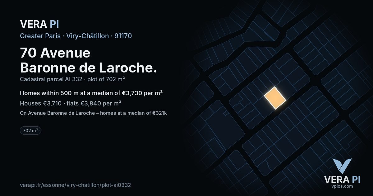 70 Avenue Baronne de Laroche, Viry-Châtillon at night – the plot lit, the parcels around coloured by the prices near them