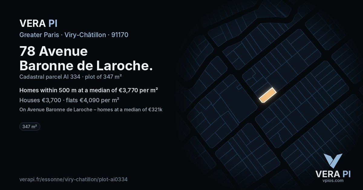 78 Avenue Baronne de Laroche, Viry-Châtillon at night – the plot lit, the parcels around coloured by the prices near them