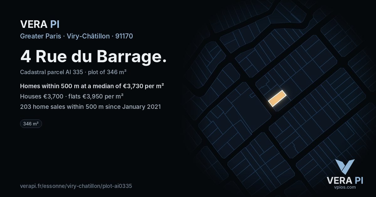 4 Rue du Barrage, Viry-Châtillon at night – the plot lit, the parcels around coloured by the prices near them