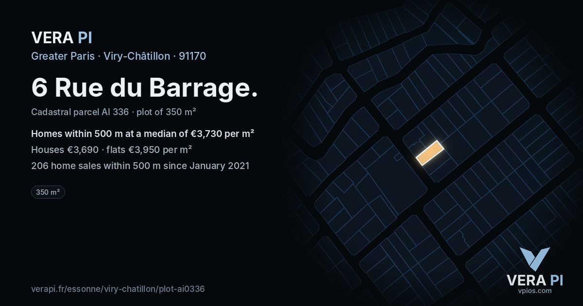 6 Rue du Barrage, Viry-Châtillon at night – the plot lit, the parcels around coloured by the prices near them
