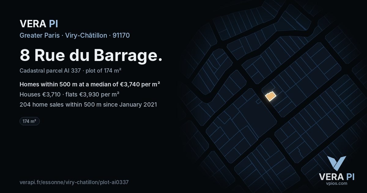 8 Rue du Barrage, Viry-Châtillon at night – the plot lit, the parcels around coloured by the prices near them
