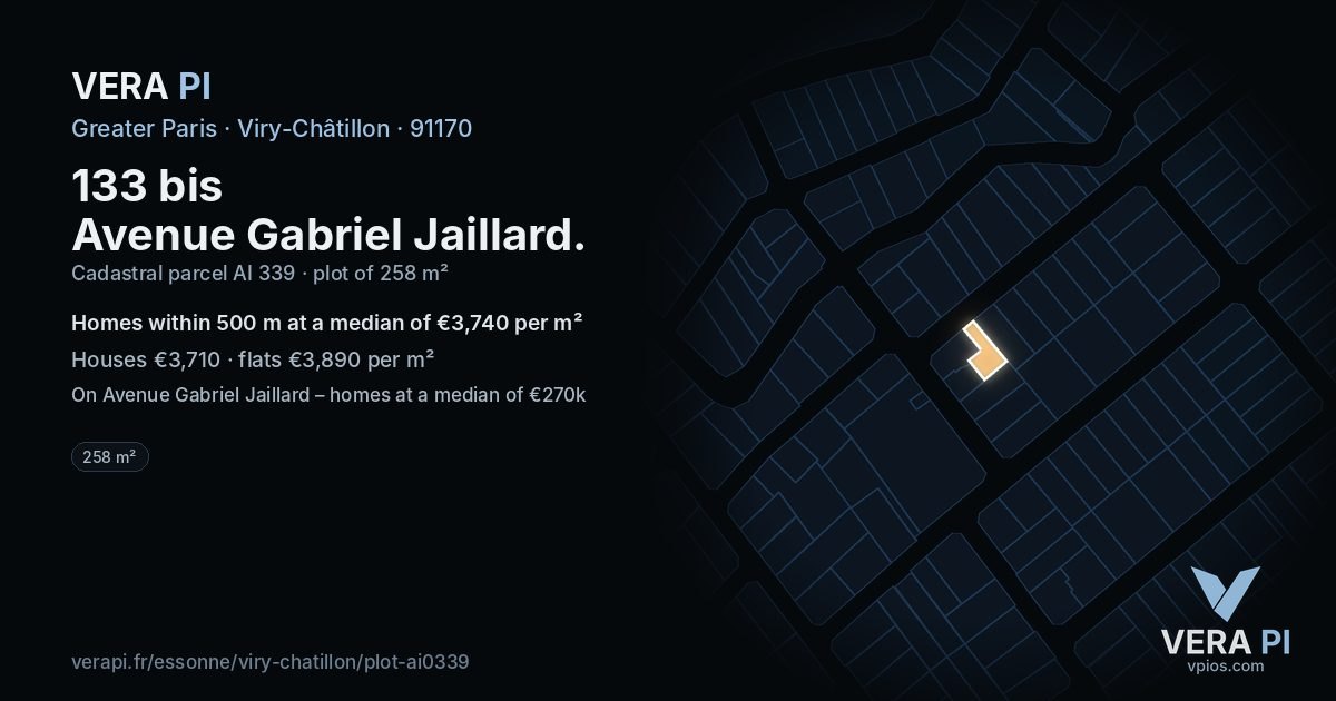 133 bis Avenue Gabriel Jaillard, Viry-Châtillon at night – the plot lit, the parcels around coloured by the prices near them