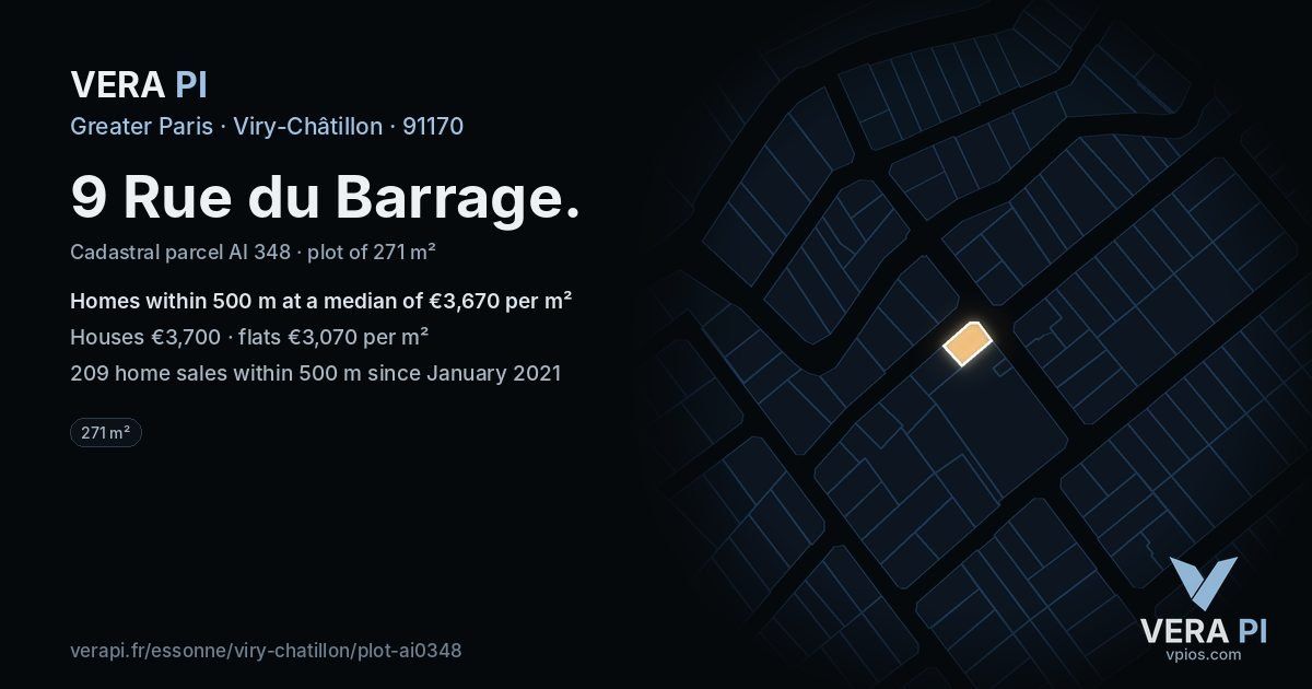 9 Rue du Barrage, Viry-Châtillon at night – the plot lit, the parcels around coloured by the prices near them