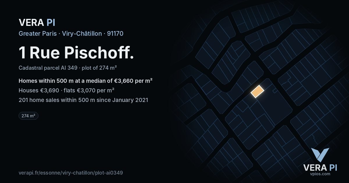 1 Rue Pischoff, Viry-Châtillon at night – the plot lit, the parcels around coloured by the prices near them