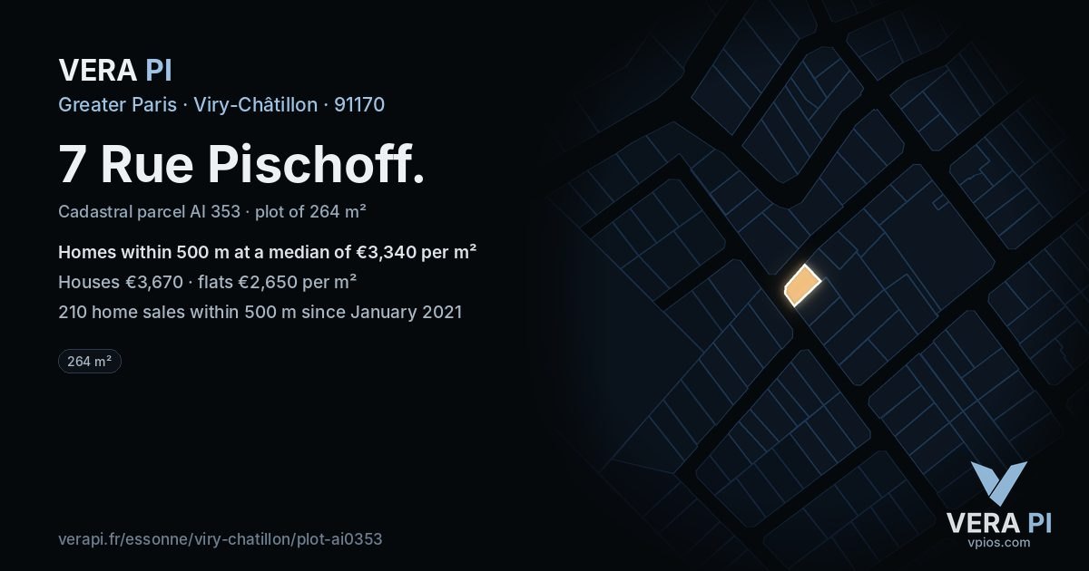 7 Rue Pischoff, Viry-Châtillon at night – the plot lit, the parcels around coloured by the prices near them