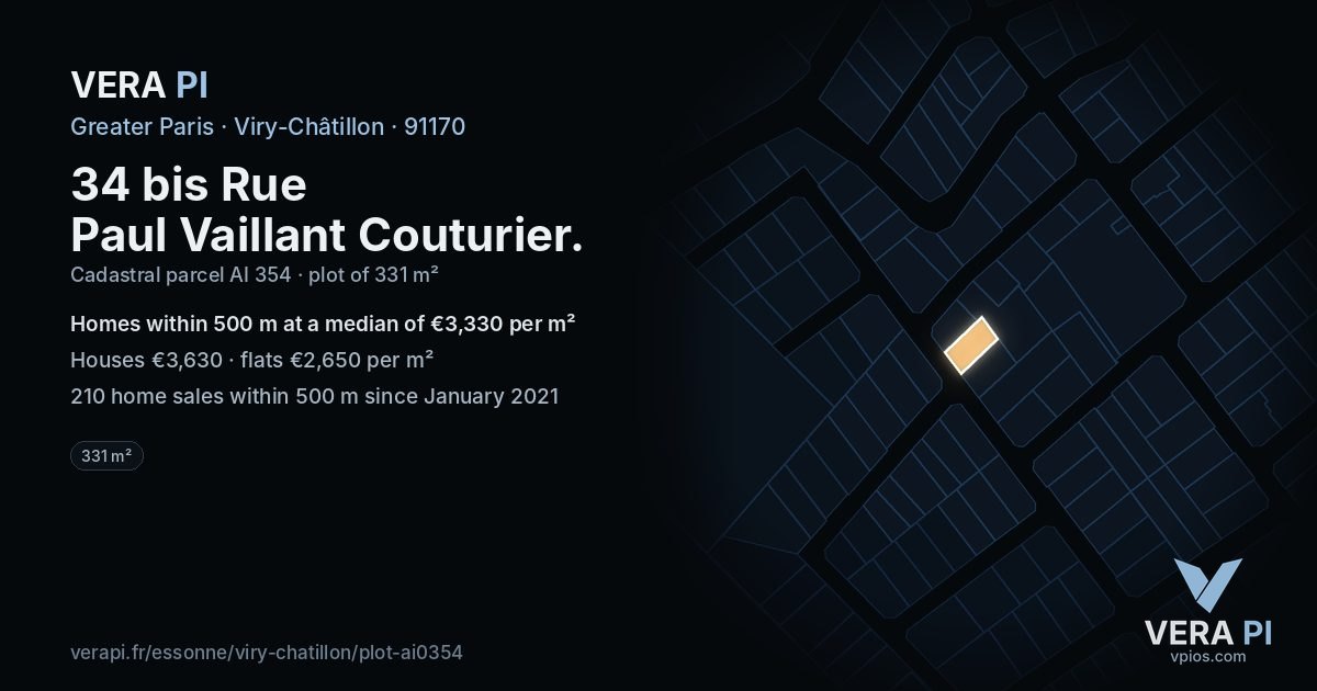 34 bis Rue Paul Vaillant Couturier, Viry-Châtillon at night – the plot lit, the parcels around coloured by the prices near them