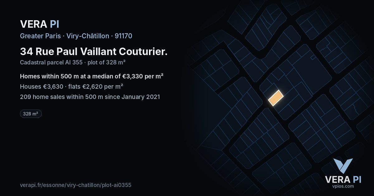 34 Rue Paul Vaillant Couturier, Viry-Châtillon at night – the plot lit, the parcels around coloured by the prices near them