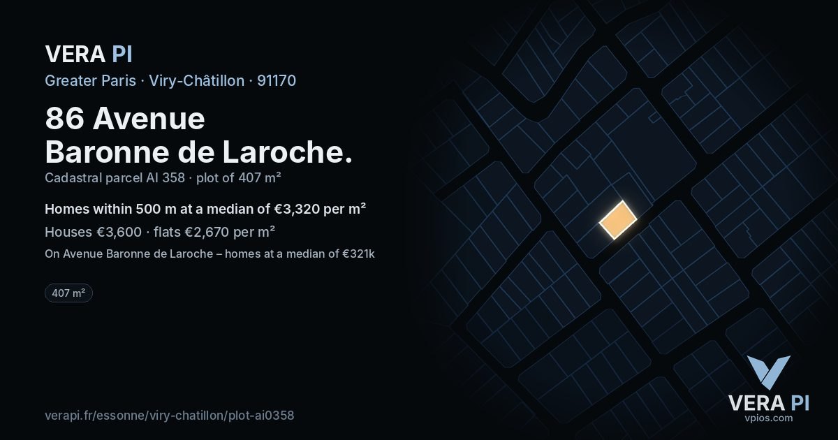 86 Avenue Baronne de Laroche, Viry-Châtillon at night – the plot lit, the parcels around coloured by the prices near them