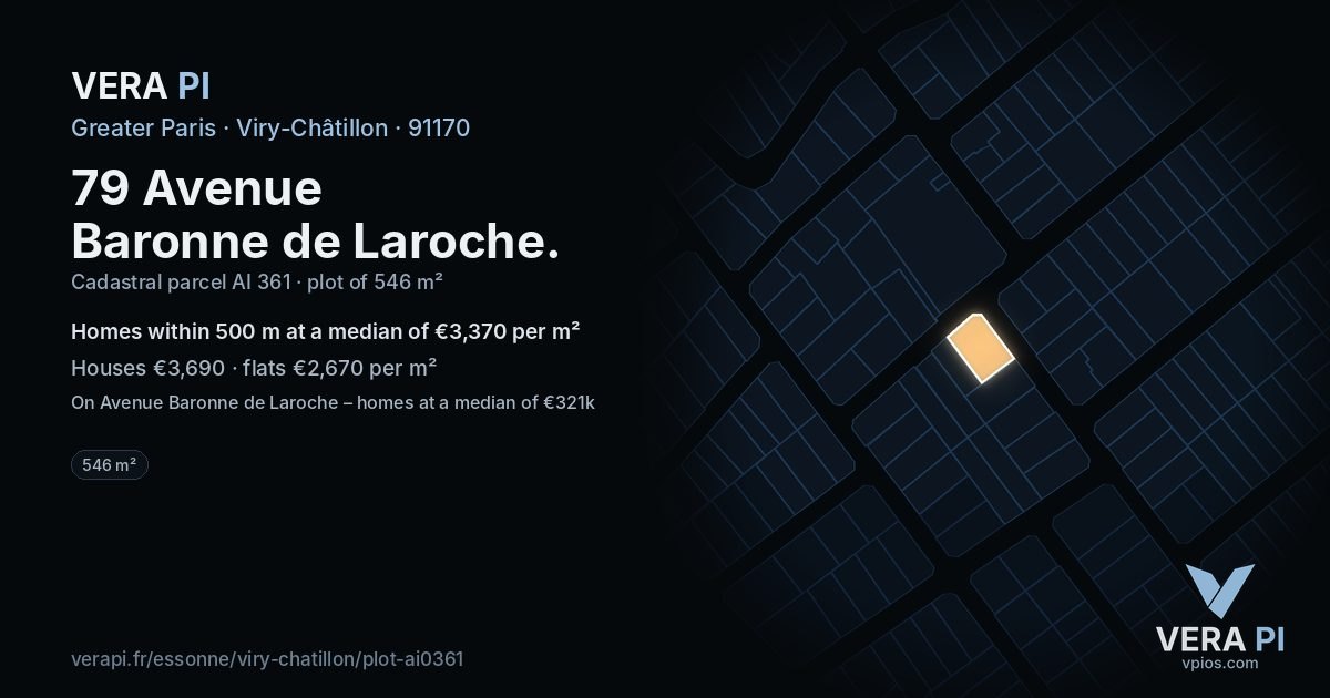 79 Avenue Baronne de Laroche, Viry-Châtillon at night – the plot lit, the parcels around coloured by the prices near them