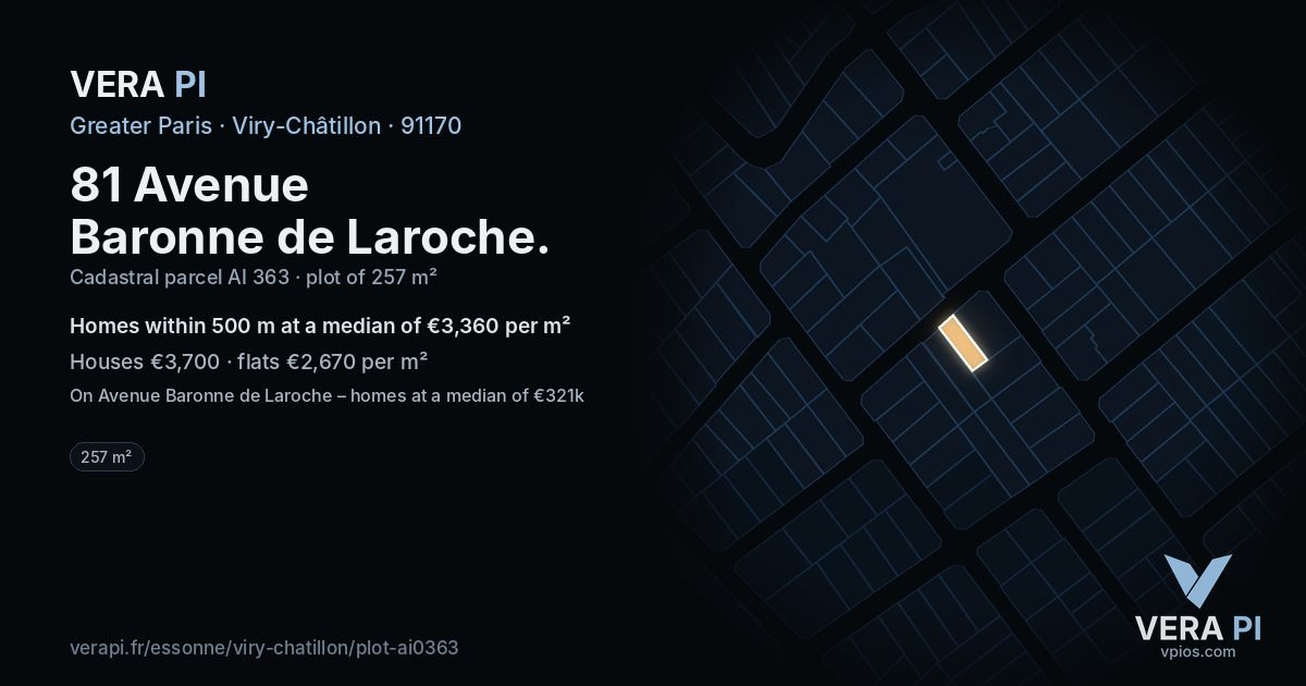 81 Avenue Baronne de Laroche, Viry-Châtillon at night – the plot lit, the parcels around coloured by the prices near them
